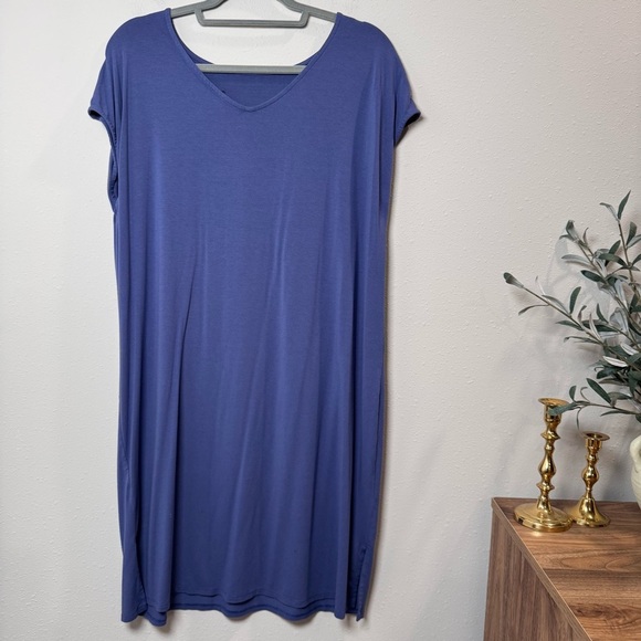 Eileen Fisher Size Large Blue Bateau Neck Knee Length Swing Dress Soft Stretch - Picture 2 of 5